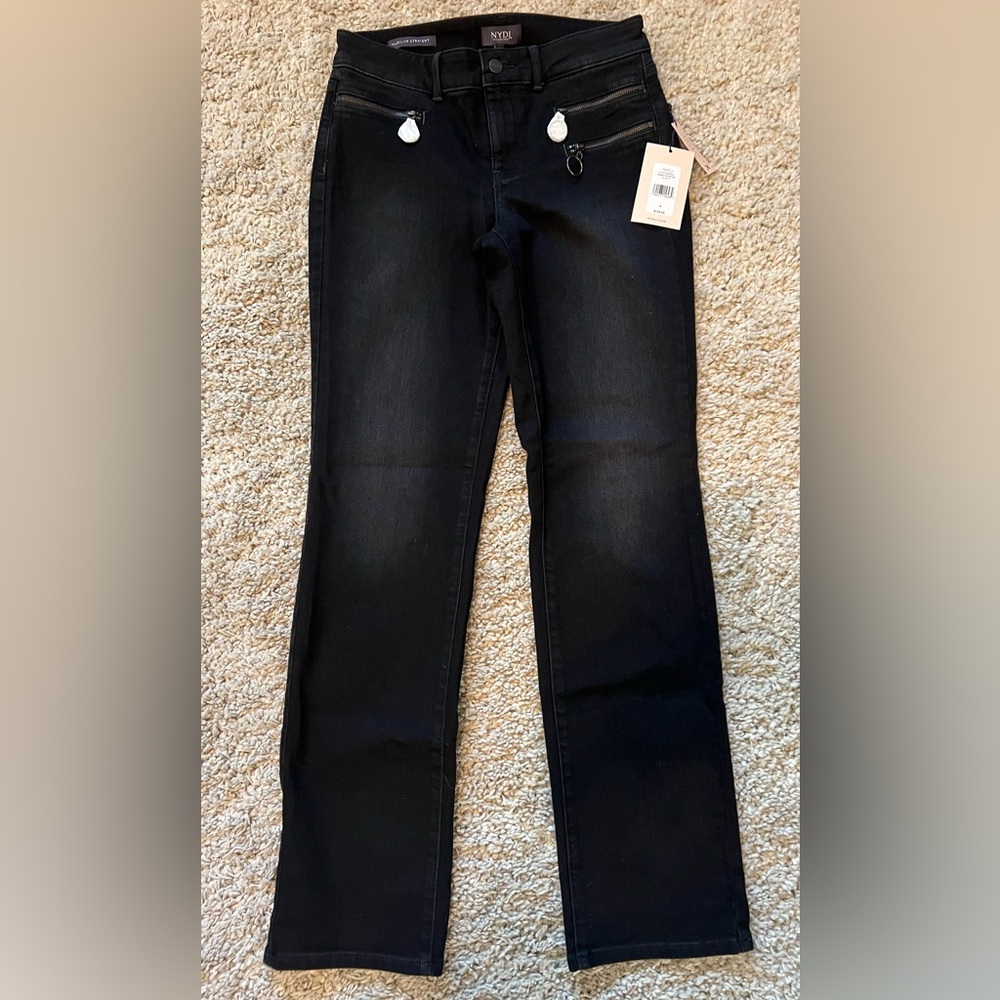 NYDJ Marilyn Straight Black Jeans with Zip Pockets Size 4 NWT